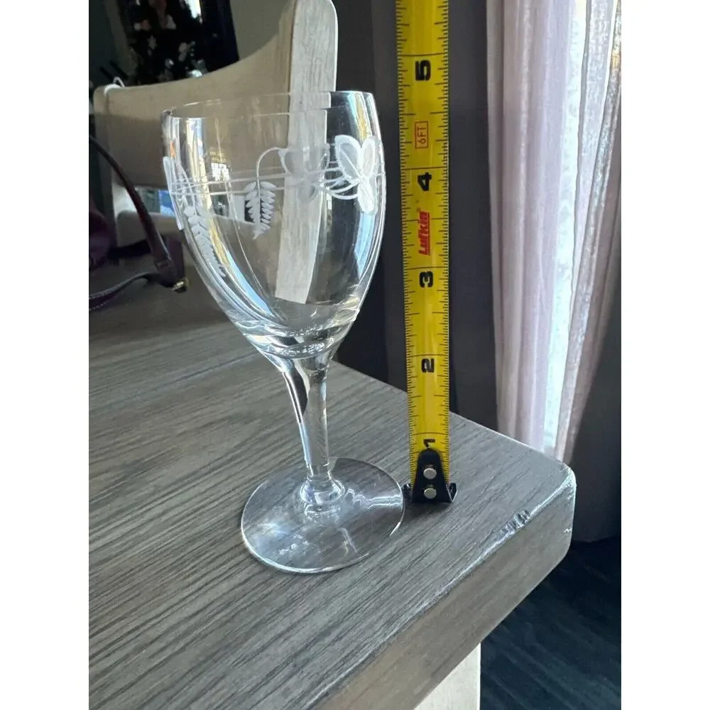 Vintage Cordial Aperitif Clear Crystal Etched Glass With Stem 4.75” Grape Leaf